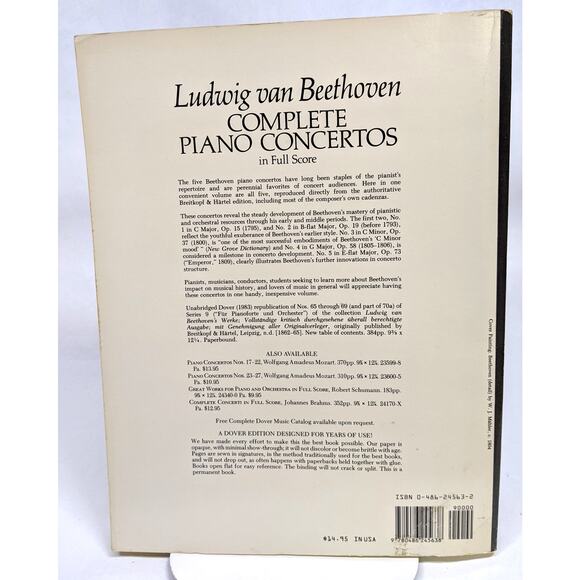 Beethoven Complete Piano Concertos in Full Score Dover Books 376 Pages Large Fmt - Picture 7 of 8